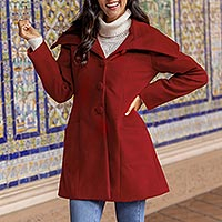 Red Baby Alpaca and Wool Coat with Flared Design from Peru,'Red Classic'