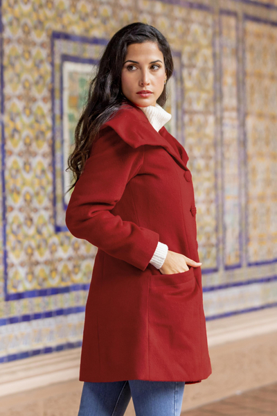 Alpaca blend coat, 'Red Classic' - Red Baby Alpaca and Wool Coat with Flared Design from Peru