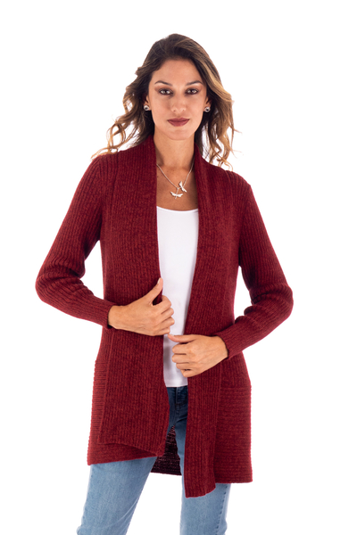 Alpaca Blend Red and Maroon Open Cardigan Sweater From Peru