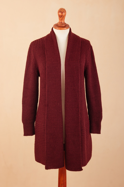 Alpaca blend cardigan sweater, 'Red Wrap' - Alpaca Blend Red and Maroon Open Cardigan Sweater From Peru