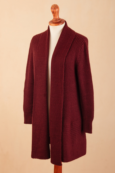 Alpaca blend cardigan sweater, 'Red Wrap' - Alpaca Blend Red and Maroon Open Cardigan Sweater From Peru