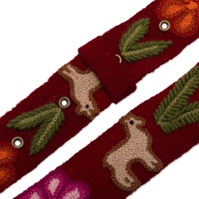 Embroidered wool belt, 'Llamas on Claret' - Wool Belt with Llama Embroidery
