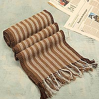 100% alpaca scarf, 'Cinnamon Stripe' - Fringed Brown Alpaca Scarf