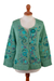 Pima cotton cardigan, 'Jade Garden' - Green Floral Cotton Cardigan (image 2a) thumbail