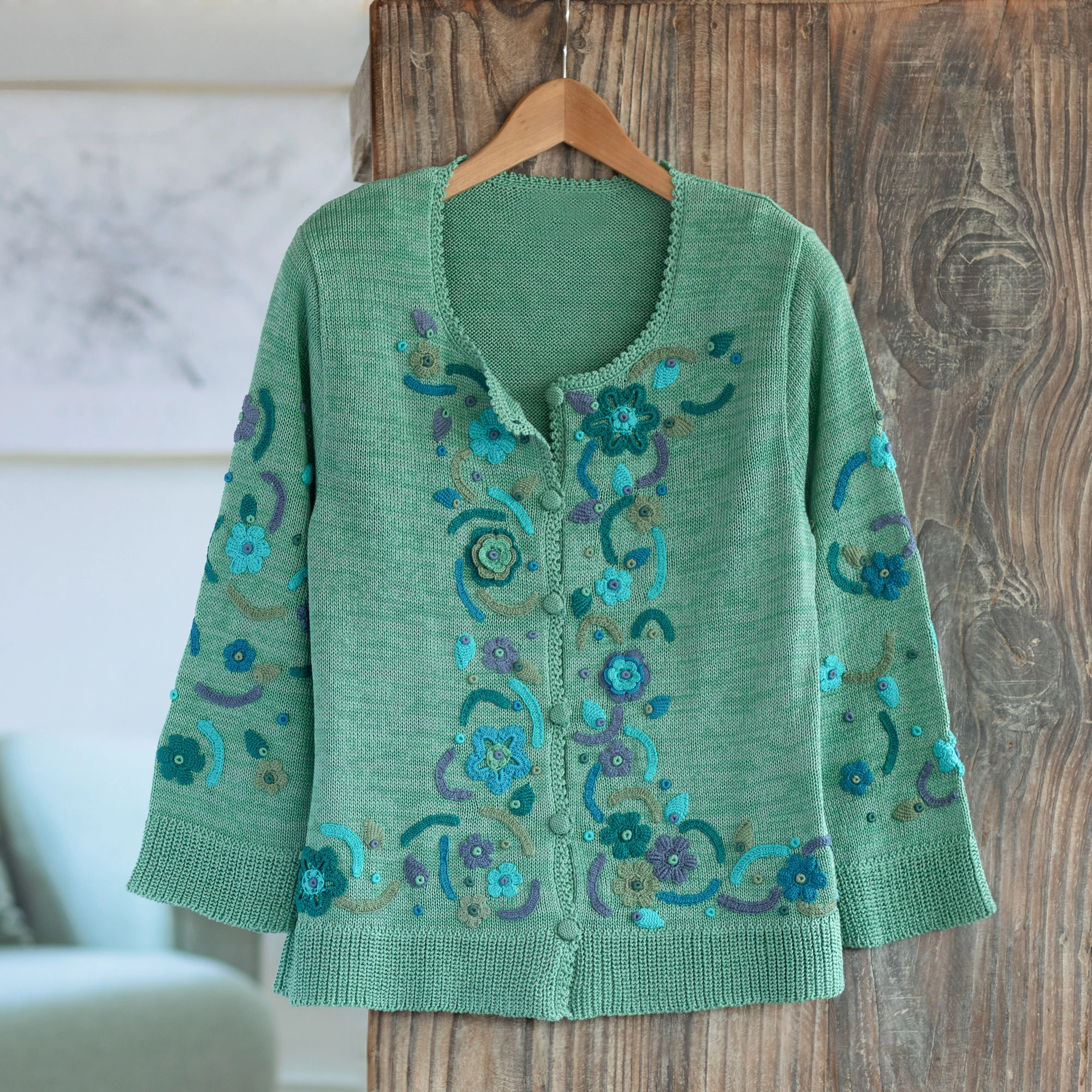Green Floral Cotton Cardigan Jade Garden NOVICA