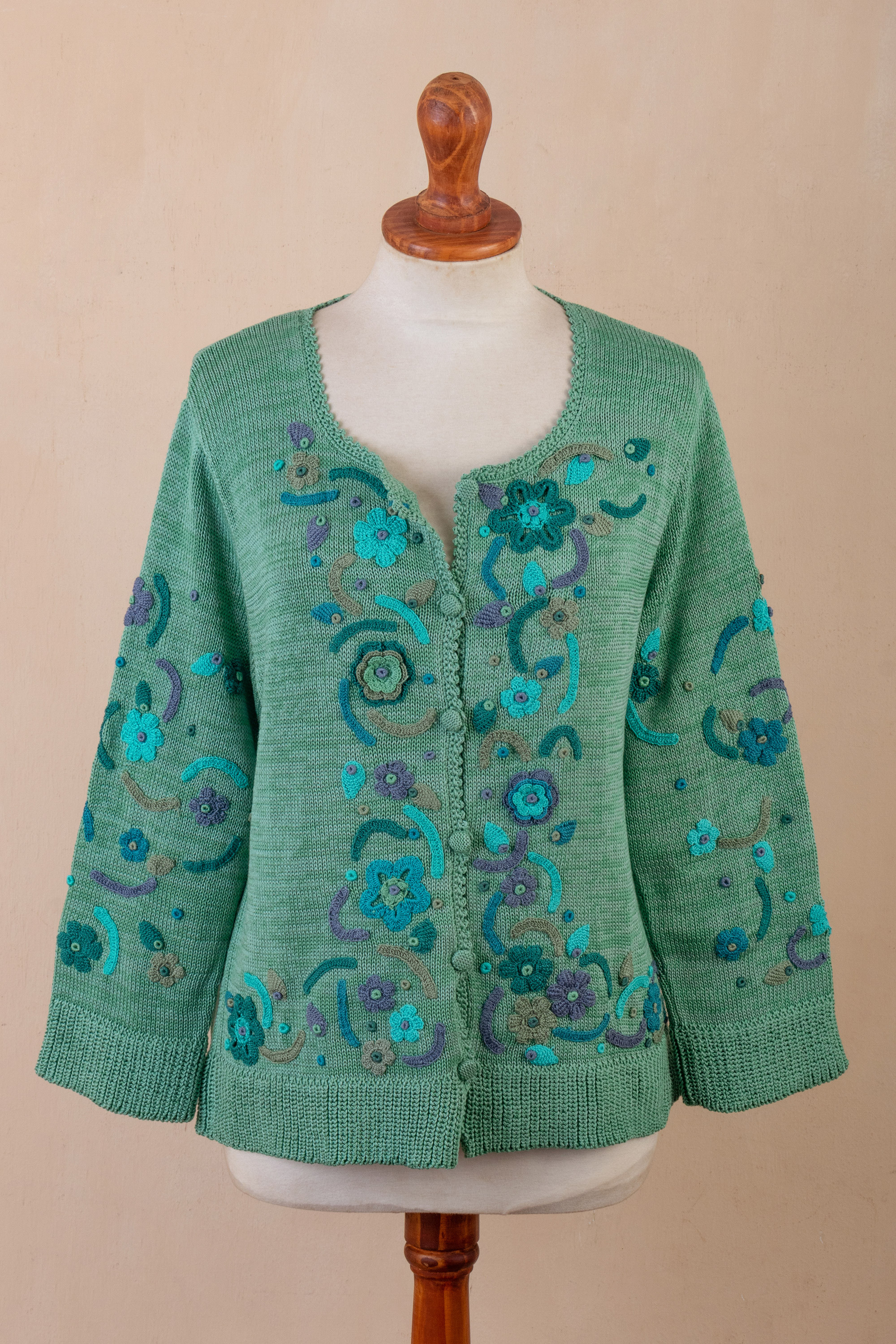 Green Floral Cotton Cardigan Jade Garden NOVICA