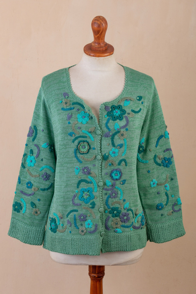 Pima cotton cardigan, 'Jade Garden' - Green Floral Cotton Cardigan