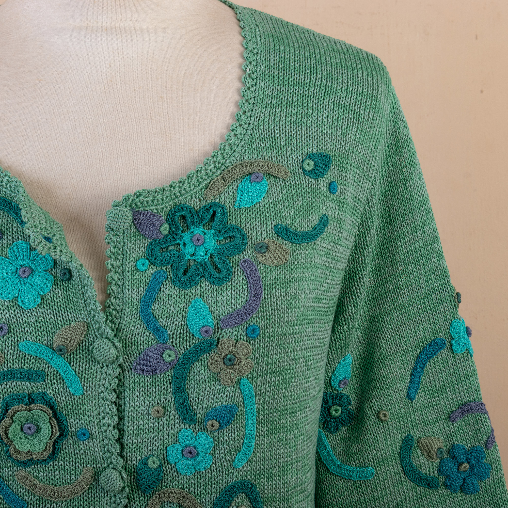 Green Floral Cotton Cardigan Jade Garden NOVICA