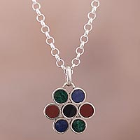 Multi-gemstone pendant necklace, 'Miraflores Flower' - Inlaid Gemstone Pendant Necklace