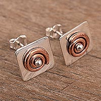 Sterling silver and copper button earrings, 'Spatial Dimensions' - Button Earrings with Sterling Silver and Copper