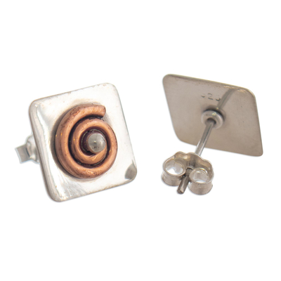 Pendientes botón de plata y cobre - Pendientes Botón con Plata de Ley y Cobre