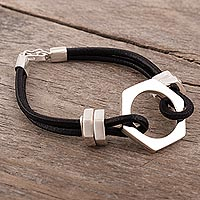 Leather and sterling silver pendant bracelet, 'Hex Nut' - Industrial Leather and Silver Pendant Bracelet