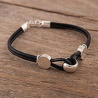 Leather and sterling silver pendant bracelet, 'Souls United' - Sterling Silver and Leather Bracelet