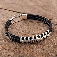 Leather and sterling silver wristband bracelet, 'Zip Code' - Polished Silver and Leather Bracelet