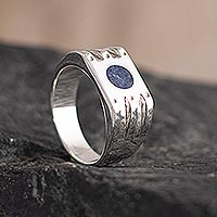 Men's sodalite signet ring, 'Cutting Edge' - Men's Inlaid Sodalite Ring