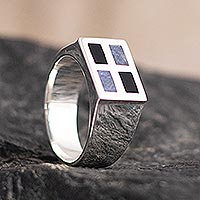 Men's sodalite and obsidian signet ring, 'In the Window'