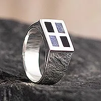 Men's sodalite and obsidian signet ring, 'In the Window' - Men's Gemstone Signet Ring