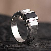 Men's obsidian ring, 'Pitch Black' - Men's Obsidian Ring