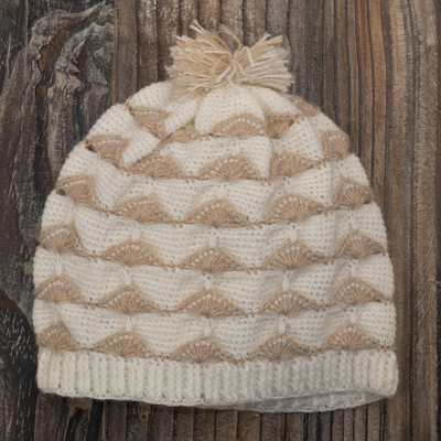 Hand-crocheted alpaca blend hat, 'Winter Fans' - Beige and White Knit Hat