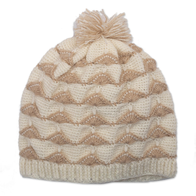 Beige and White Knit Hat