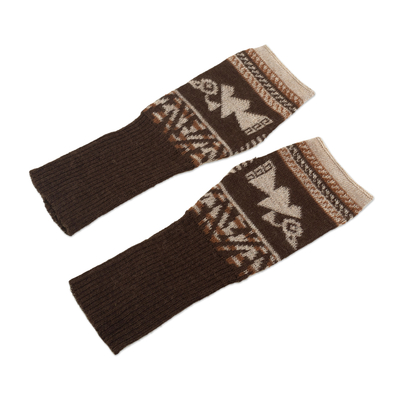 100% baby alpaca fingerless mitts, 'Chancay Icons in Brown' - Knit Baby Alpaca Fingerless Mitts