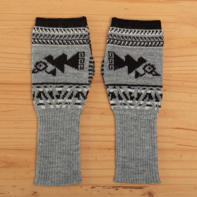 100% baby alpaca fingerless mitts, 'Chancay Icons in Grey' - Fingerless Mitts in 100% Baby Alpaca