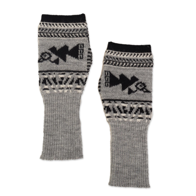 100% baby alpaca fingerless mitts, 'Chancay Icons in Grey' - Fingerless Mitts in 100% Baby Alpaca
