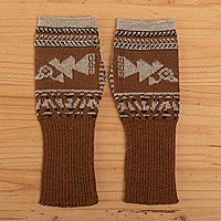 100% baby alpaca fingerless mitts, Chancay Icons in Burnt Sienna