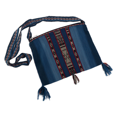 100% alpaca shoulder bag, 'Cusco Skies' - Tasseled Blue Alpaca Shoulder Bag