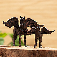 Cedar wood sculptures, 'Pegasus Family' (pair) - Set of Two Hand Carved Pegasus Horse Sculptures from Peru