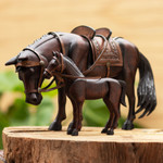Cedar wood sculptures, 'Equine Family' (pair) - Hand Carved Horse Family Sculpture (Pair) from Peru