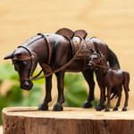 Cedar wood sculptures, 'Equine Family' (pair) - Hand Carved Horse Family Sculpture (Pair) from Peru