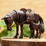 Cedar wood sculptures, 'Equine Family' (pair) - Hand Carved Horse Family Sculpture (Pair) from Peru