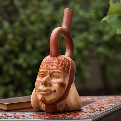 Vasija de cerámica, 'Eterno Moche' - Perú Arqueología Cerámica Moche Retrato Réplica de vasija