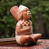 Ceramic vessel, 'Laughing Moche Man' - Signed Ceramic Peru Archaeology Moche Replica Vessel