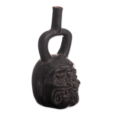 Ceramic vessel, 'Cupisnique Jaguar-Shaman' - Peru Archaeology Ceramic Jaguar-Shaman Face Vessel