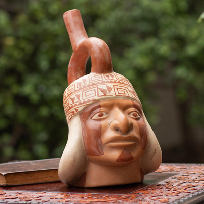 Ceramic vessel, 'Portrait of a Moche Man' - Peru Archaeology Signed Moche Portrait Clay Replica Vessel