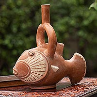 Ceramic vessel, 'Moche Fish' - Peru Archaeology Moche Fish Replica Decorative Clay Vessel