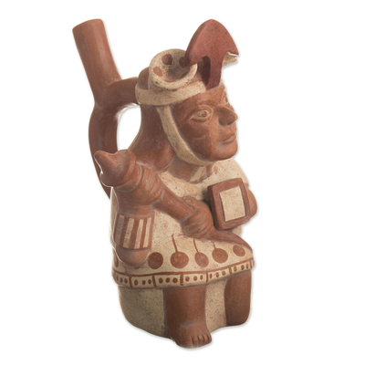 Ceramic vessel, 'Royal Moche Warrior' - Peru Archaeology Clay Moche Soldier Replica Vessel