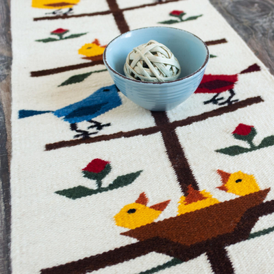 Wool-blend table runner, 'Family of Birds' - Colorful Bird-Themed Table Runner
