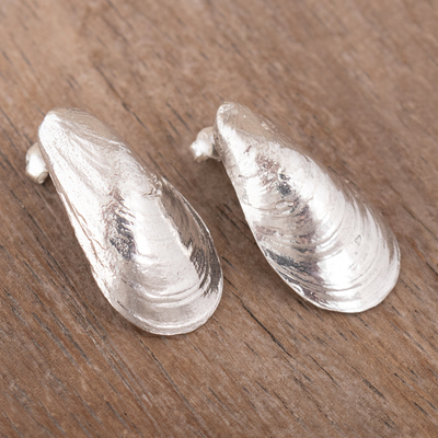 Pendientes colgantes de plata de ley - Pendientes de concha de mejillón realistas en plata de ley