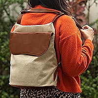 Leather-accented jute backpack, 'On the Road' - Woven Jute and Leather Backpack