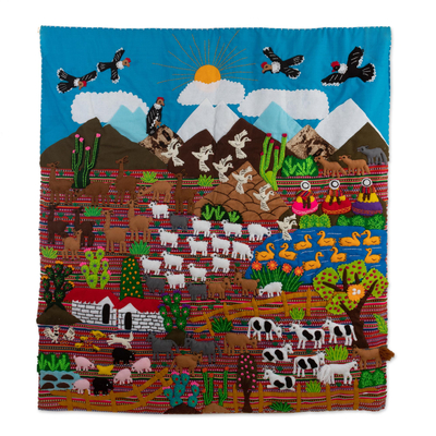 Wandbehang aus Baumwollmischung mit Applikationen, „Ancash Vista“ – großer Arpillera-Wandbehang