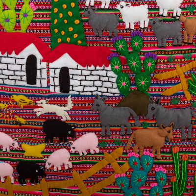 Wandbehang aus Baumwollmischung mit Applikationen, „Ancash Vista“ – großer Arpillera-Wandbehang