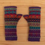 100% alpaca knit fingerless gloves, 'Jewel of the Andes' - Multicolored Fingerless 100% Alpaca Gloves