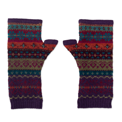 100% alpaca knit fingerless gloves, 'Jewel of the Andes' - Multicolored Fingerless 100% Alpaca Gloves