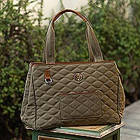 Leather accent cotton shoulder bag, 'Cocos' - Cotton and Leather Trimming Quilted Shoulder Bag from Peru