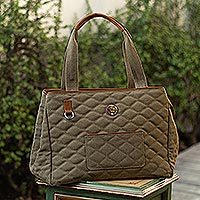 Leather accent cotton shoulder bag, 'Cocos' - Cotton and Leather Trimming Quilted Shoulder Bag from Peru