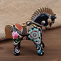Ceramic figurine, 'Black Pucara Horse' - Folk Art Horse Figurine
