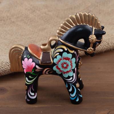 Ceramic figurine, 'Black Pucara Horse' - Folk Art Horse Figurine